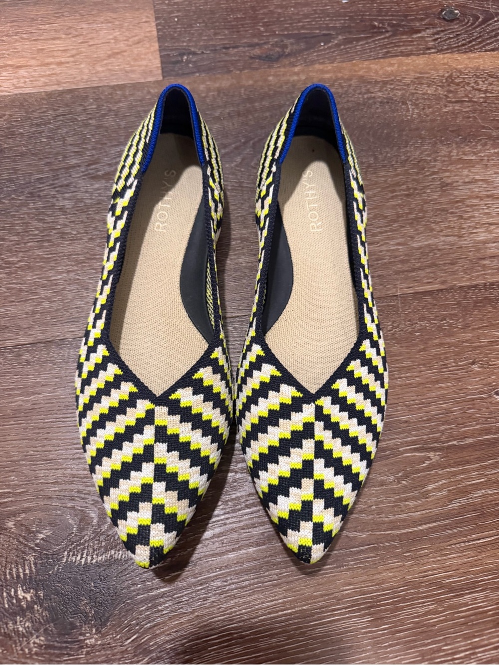 Rothy's Pointed Knit Flats in Black, Yellow & Blue Chevron